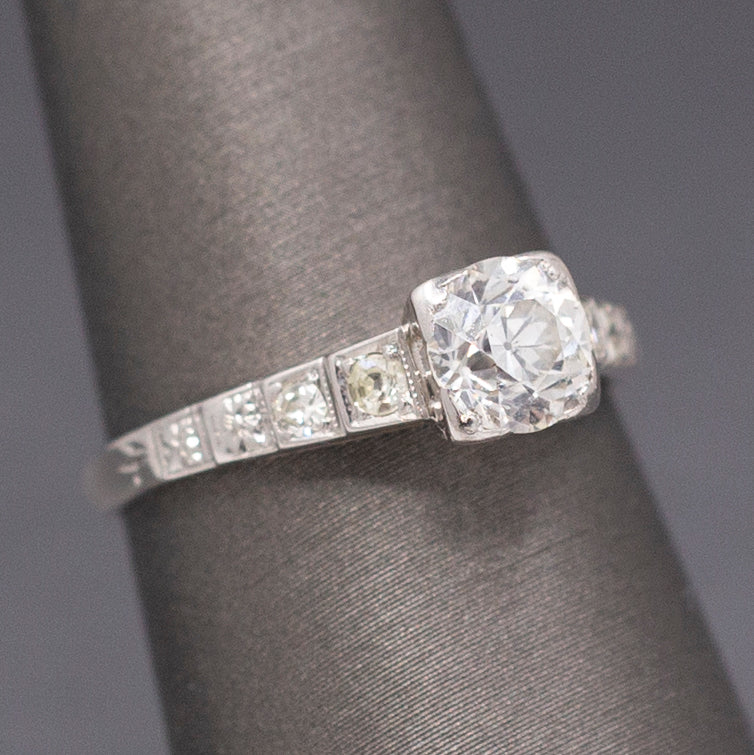 Lovely Late Art Deco Old European Cut Diamond Engagement Ring in 14k White Gold
