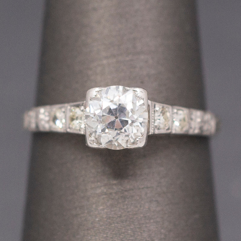 Lovely Late Art Deco Old European Cut Diamond Engagement Ring in 14k White Gold