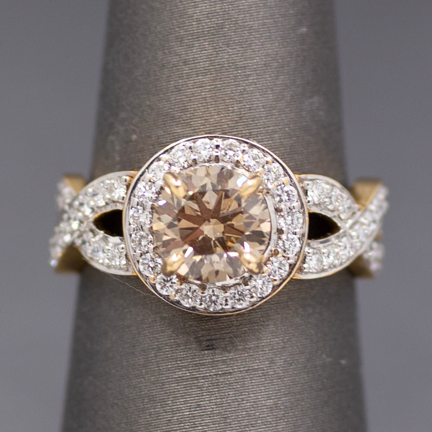 Fancy Light Brown and White Diamond Cross Over Ring in 18k Yellow Gold