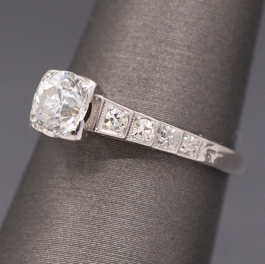 Lovely Late Art Deco Old European Cut Diamond Engagement Ring in 14k White Gold