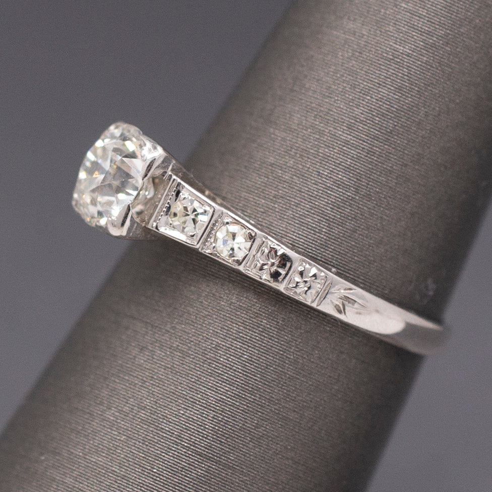 Lovely Late Art Deco Old European Cut Diamond Engagement Ring in 14k White Gold