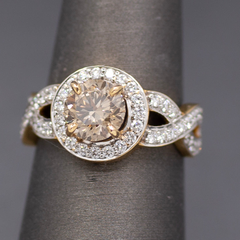 Fancy Light Brown and White Diamond Cross Over Ring in 18k Yellow Gold