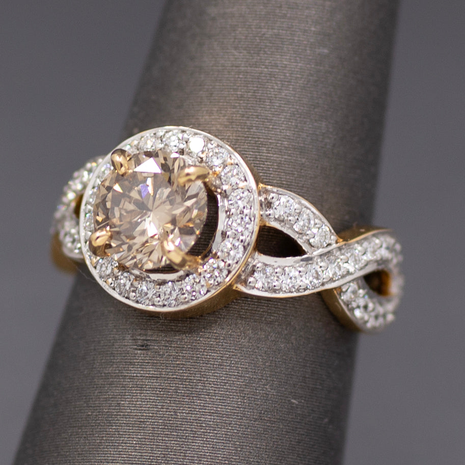 Fancy Light Brown and White Diamond Cross Over Ring in 18k Yellow Gold