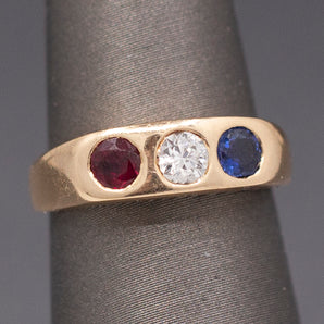 Vintage Sapphire Ruby and Transitional Cut Diamond Flush Set Band Ring in 14k Yellow Gold