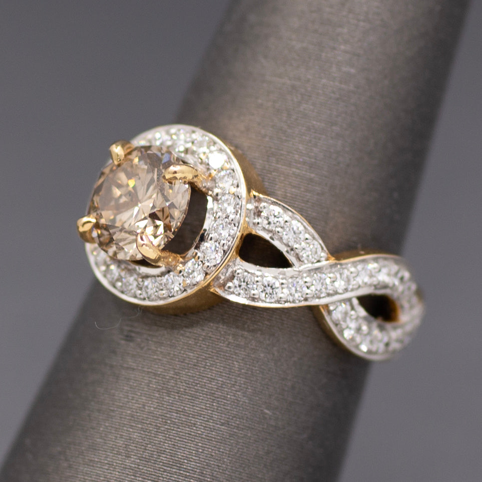 Fancy Light Brown and White Diamond Cross Over Ring in 18k Yellow Gold