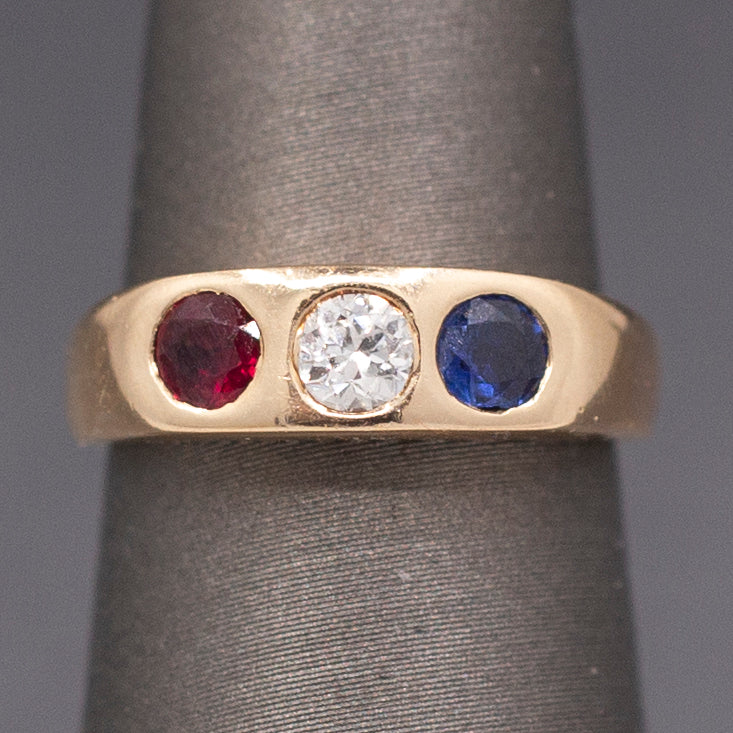 Vintage Sapphire Ruby and Transitional Cut Diamond Flush Set Band Ring in 14k Yellow Gold