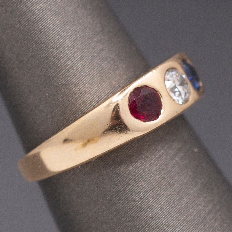 Vintage Sapphire Ruby and Transitional Cut Diamond Flush Set Band Ring in 14k Yellow Gold