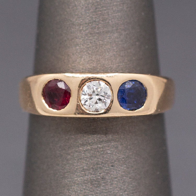 Vintage Sapphire Ruby and Transitional Cut Diamond Flush Set Band Ring in 14k Yellow Gold