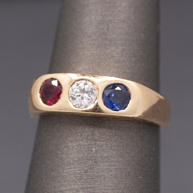 Vintage Sapphire Ruby and Transitional Cut Diamond Flush Set Band Ring in 14k Yellow Gold