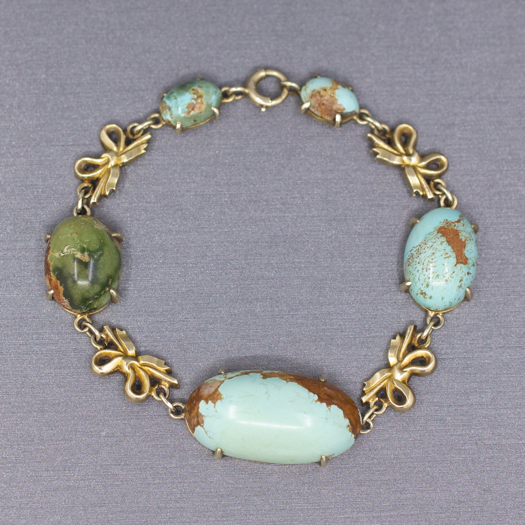 Antique Victorian Turquoise Link Ribbon Bow Bracelet in 14k Yellow Gold