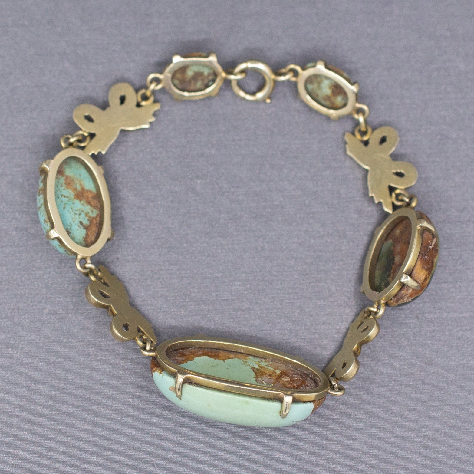 Antique Victorian Turquoise Link Ribbon Bow Bracelet in 14k Yellow Gold