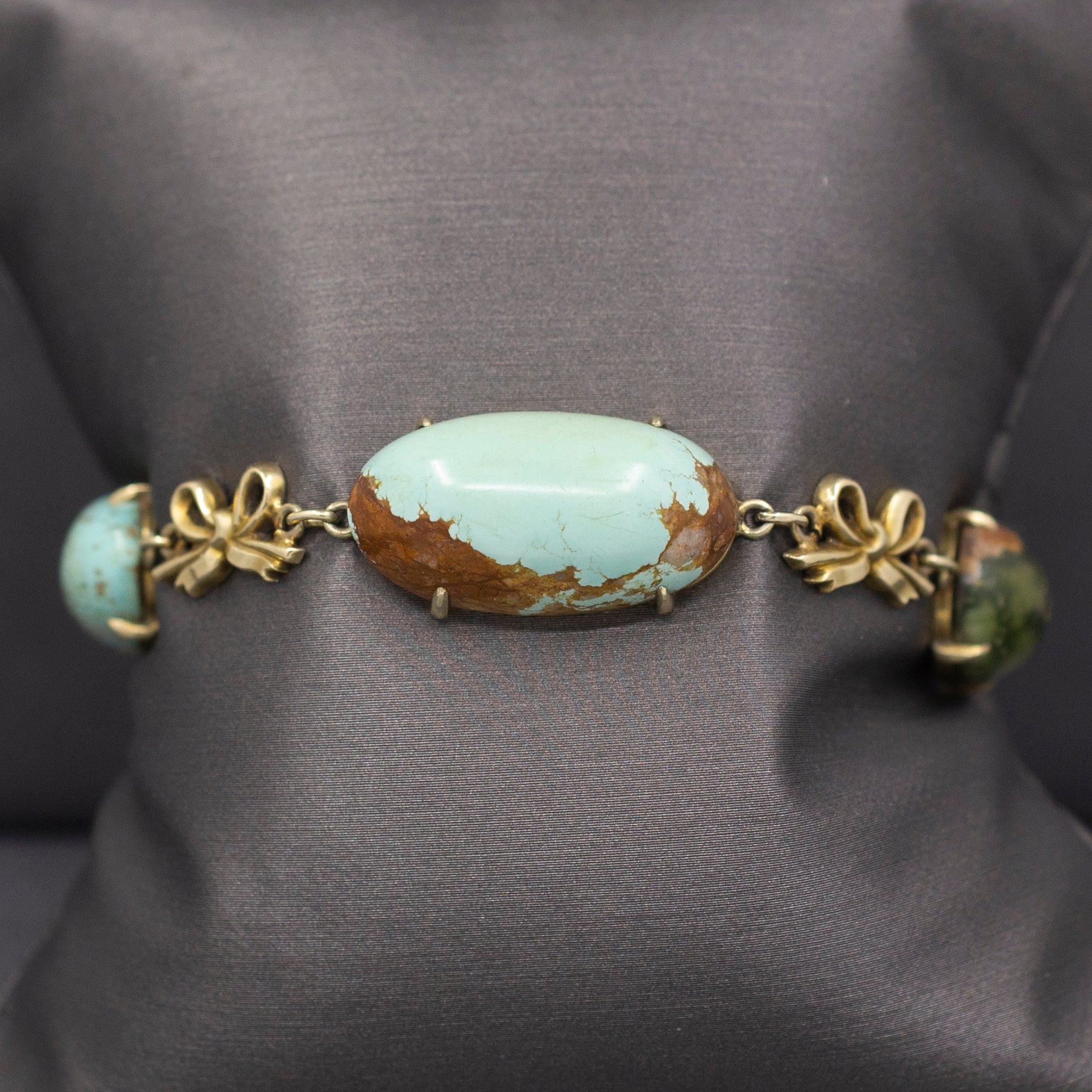 Antique Victorian Turquoise Link Ribbon Bow Bracelet in 14k Yellow Gold