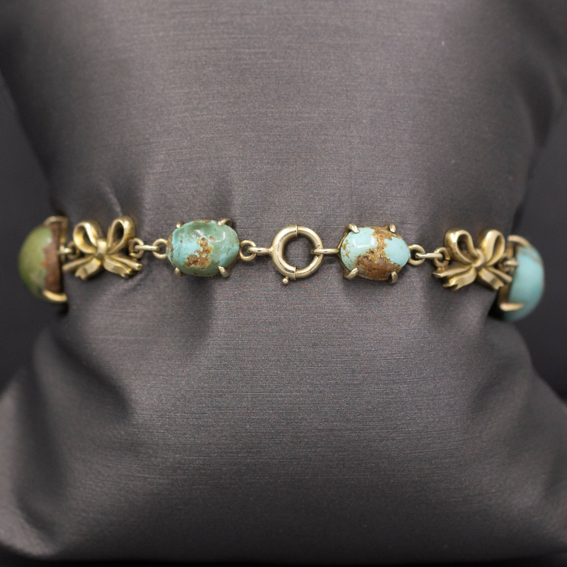 Antique Victorian Turquoise Link Ribbon Bow Bracelet in 14k Yellow Gold