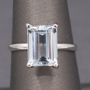 Vintage Emerald Cut Aquamarine Solitaire Ring in 18k White Gold