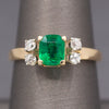 Vivid Emerald Cut Emerald and Old Mine Cut Diamond Ring in 14k Yellow Gold