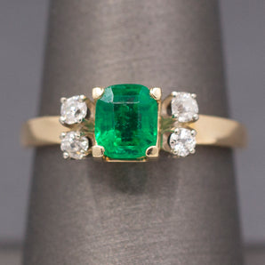 Vivid Emerald Cut Emerald and Old Mine Cut Diamond Ring in 14k Yellow Gold