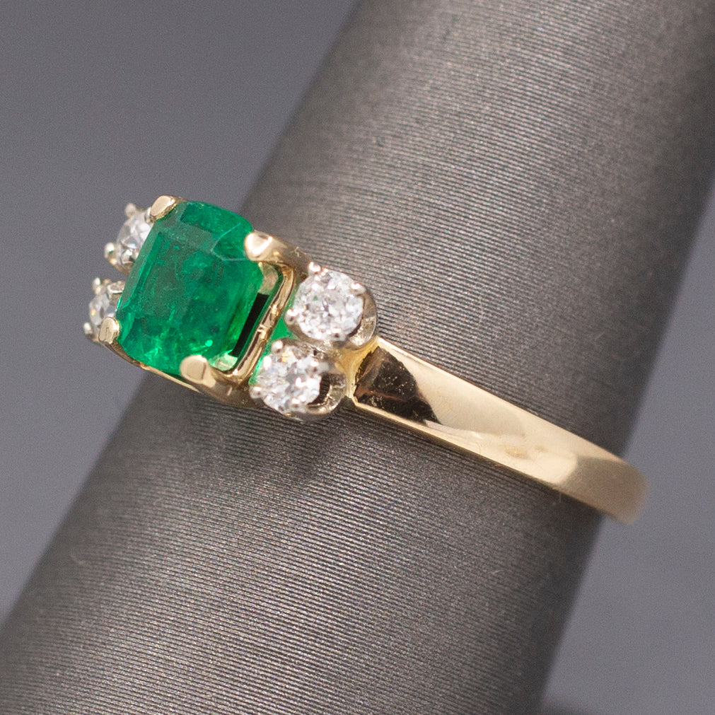 Vivid Emerald Cut Emerald and Old Mine Cut Diamond Ring in 14k Yellow Gold