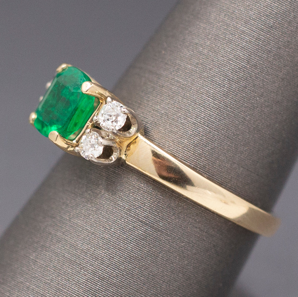 Vivid Emerald Cut Emerald and Old Mine Cut Diamond Ring in 14k Yellow Gold