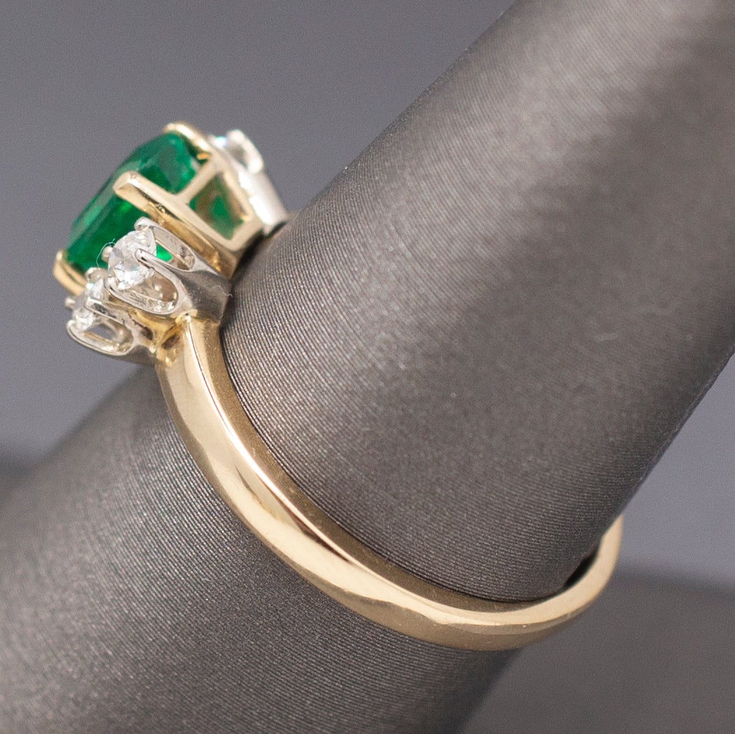 Vivid Emerald Cut Emerald and Old Mine Cut Diamond Ring in 14k Yellow Gold