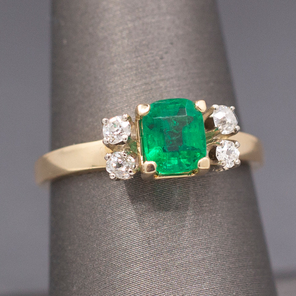 Vivid Emerald Cut Emerald and Old Mine Cut Diamond Ring in 14k Yellow Gold