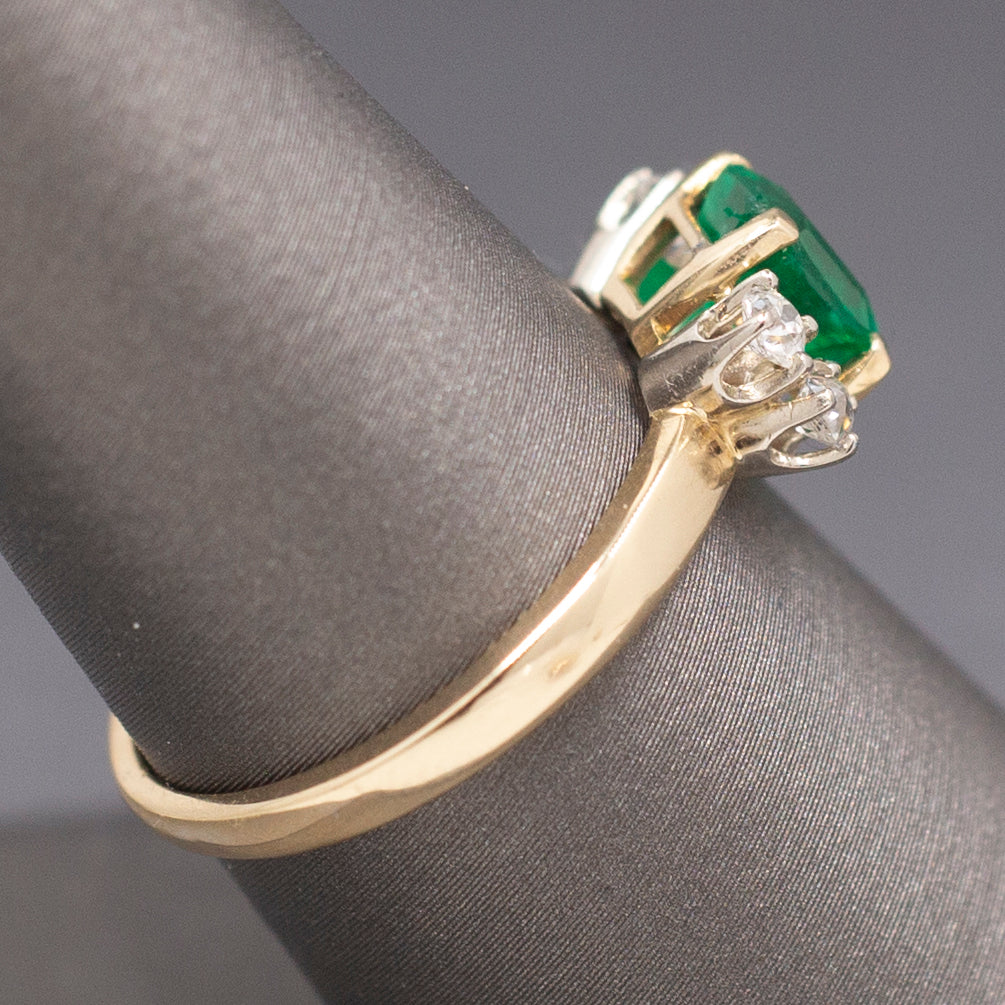 Vivid Emerald Cut Emerald and Old Mine Cut Diamond Ring in 14k Yellow Gold