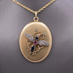 Incredible Large Locket with Sapphire Ruby and Diamond Insect in 14k Yellow Gold