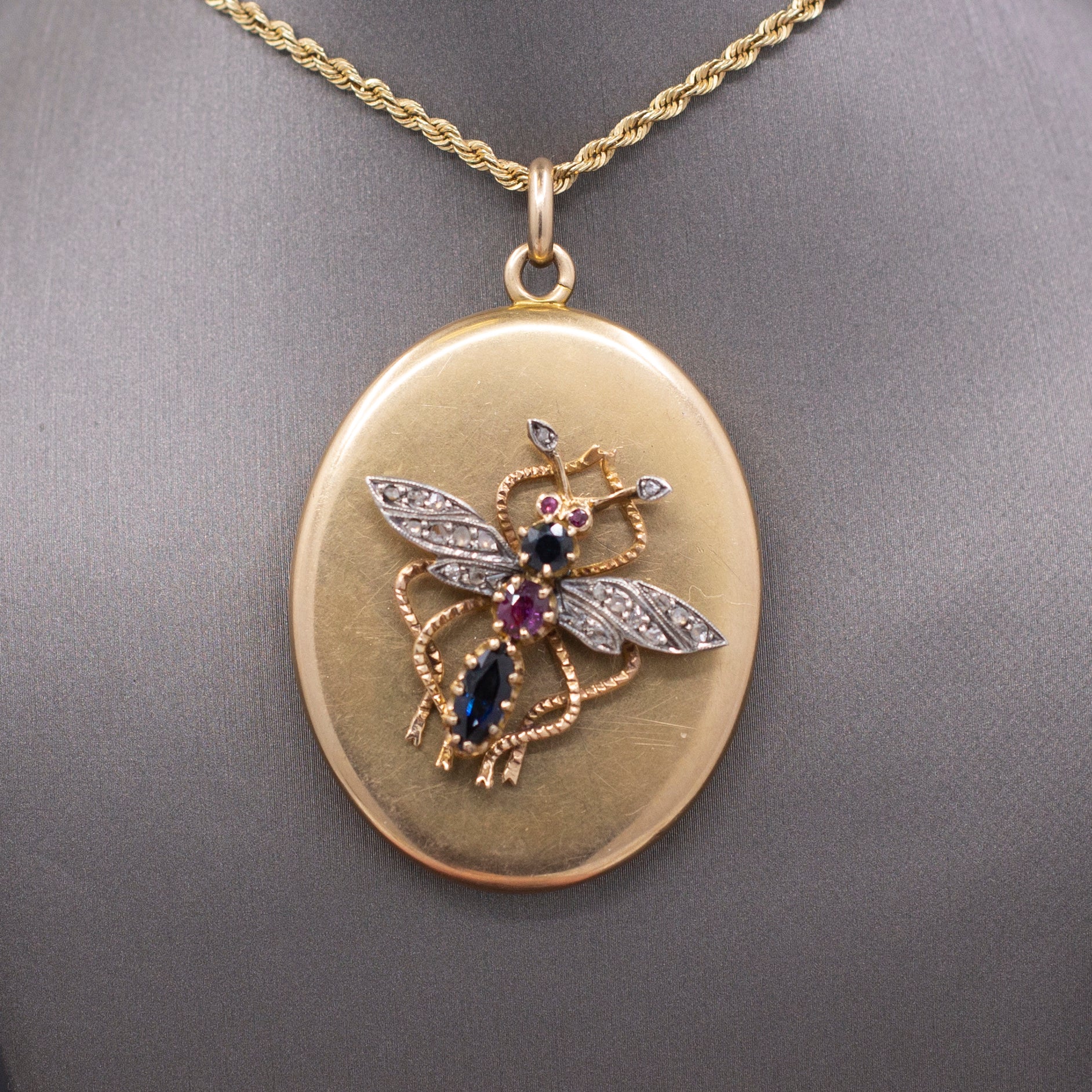 Incredible Large Locket with Sapphire Ruby and Diamond Insect in 14k Yellow Gold