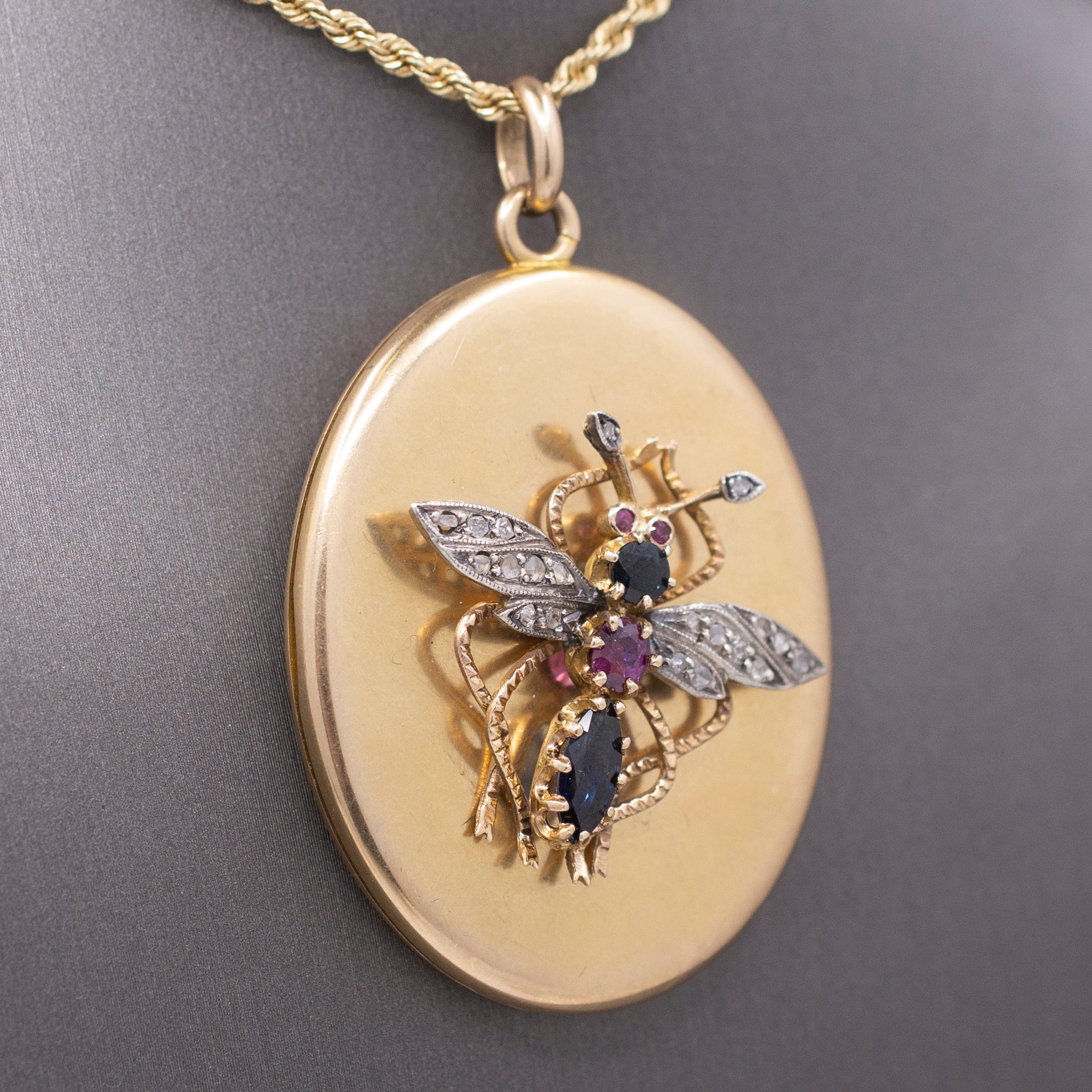 Incredible Large Locket with Sapphire Ruby and Diamond Insect in 14k Yellow Gold