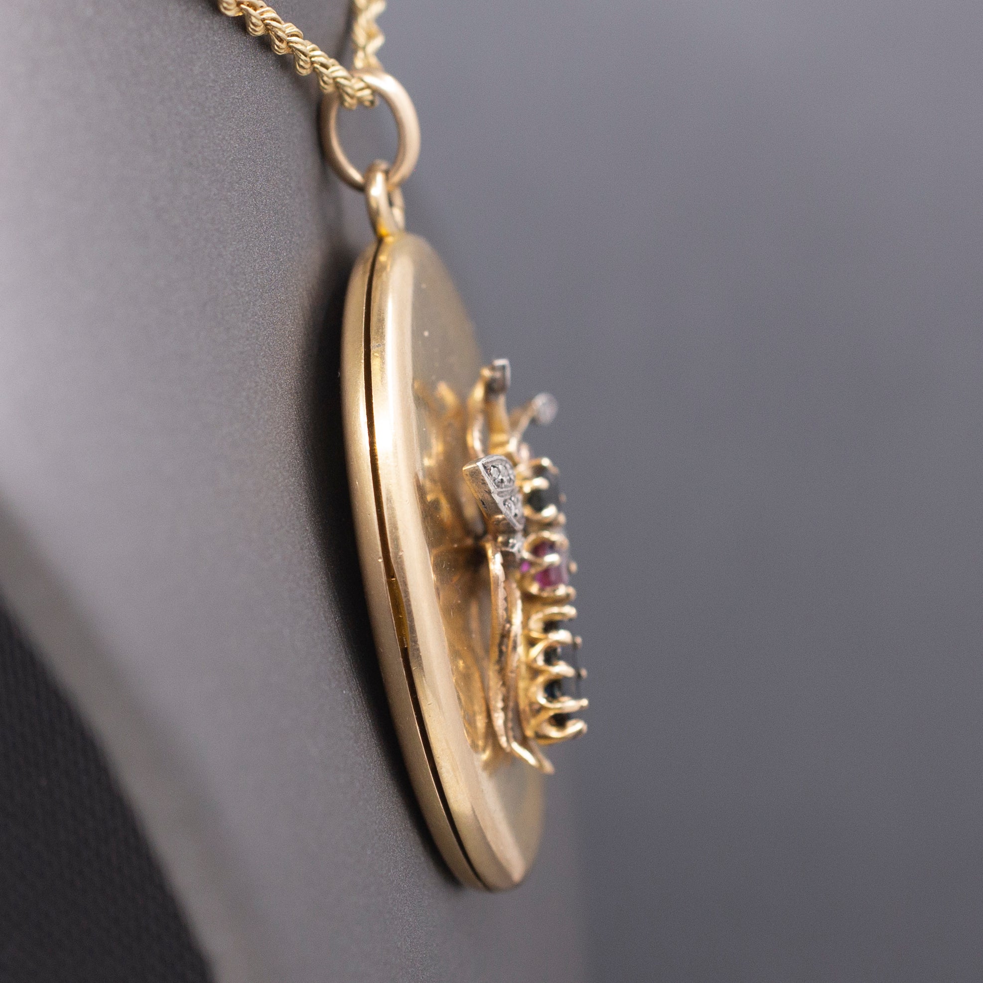 Incredible Large Locket with Sapphire Ruby and Diamond Insect in 14k Yellow Gold