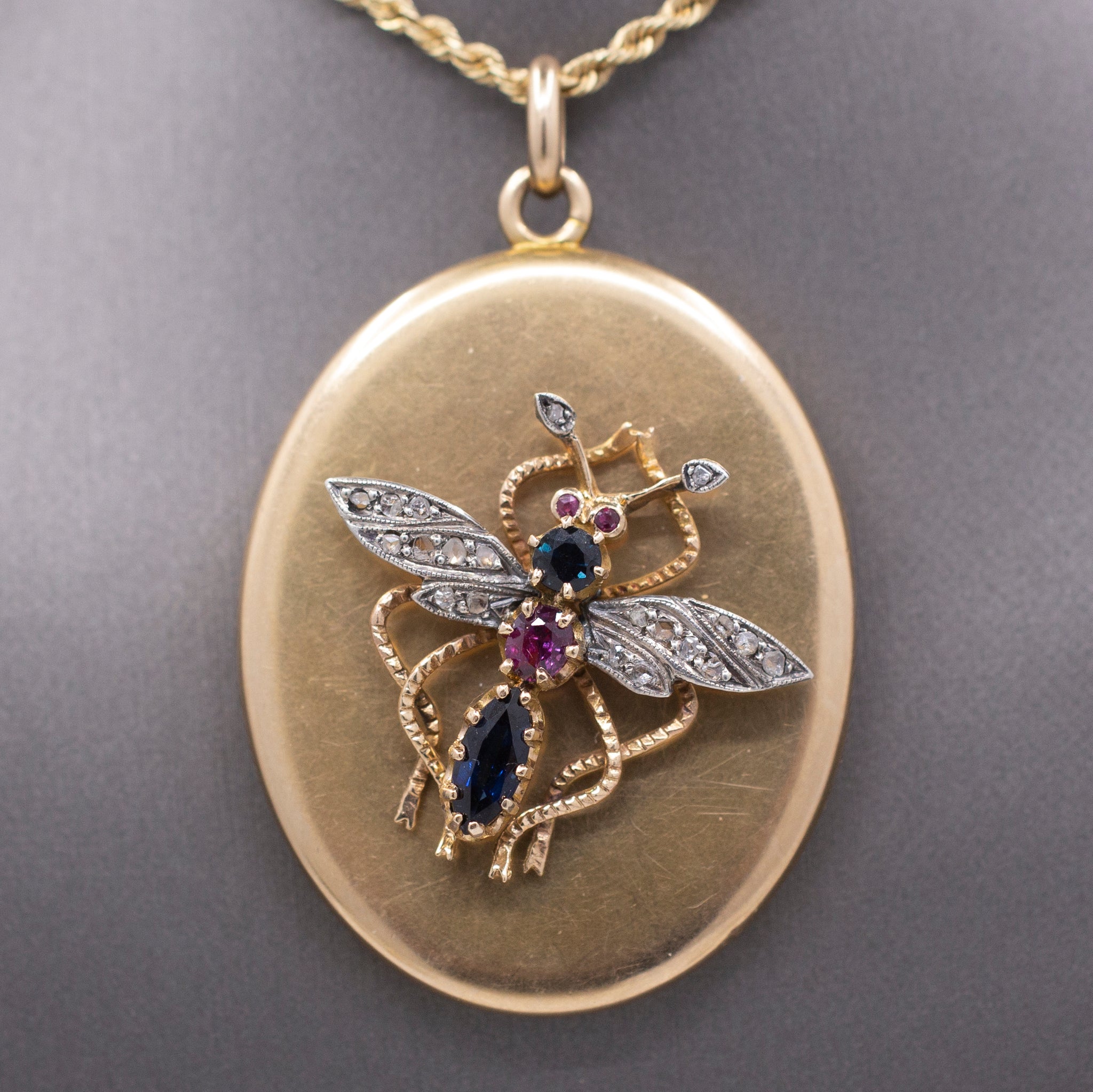 Incredible Large Locket with Sapphire Ruby and Diamond Insect in 14k Yellow Gold