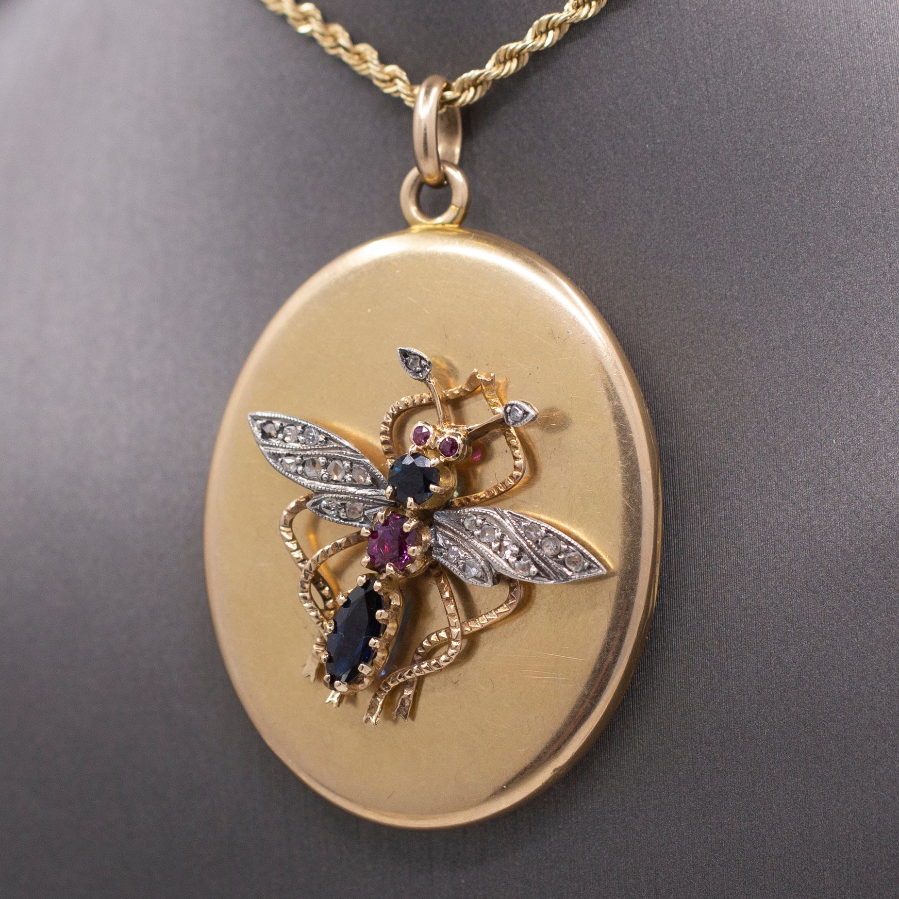 Incredible Large Locket with Sapphire Ruby and Diamond Insect in 14k Yellow Gold