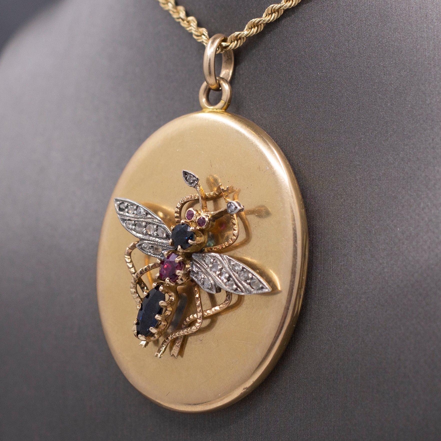 Incredible Large Locket with Sapphire Ruby and Diamond Insect in 14k Yellow Gold