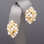 Ornate Pearl and Diamond Woven Earrings with Omega Back Clasps in 14k Yellow Gold