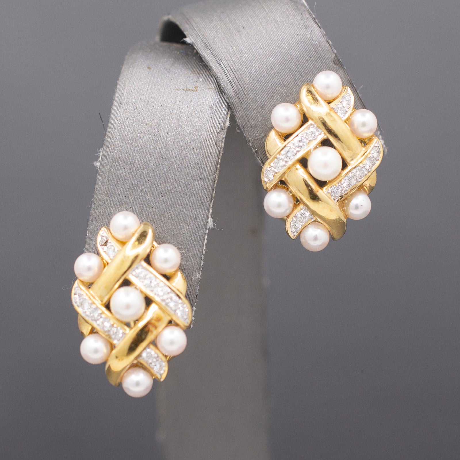 Ornate Pearl and Diamond Woven Earrings with Omega Back Clasps in 14k Yellow Gold