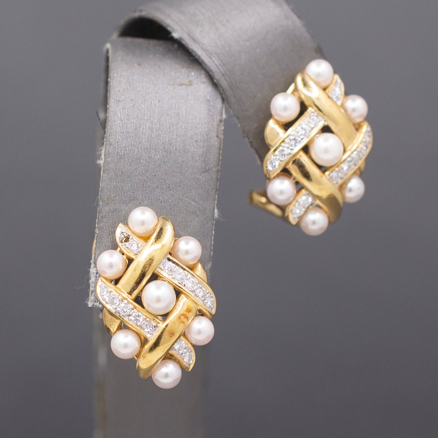 Ornate Pearl and Diamond Woven Earrings with Omega Back Clasps in 14k Yellow Gold