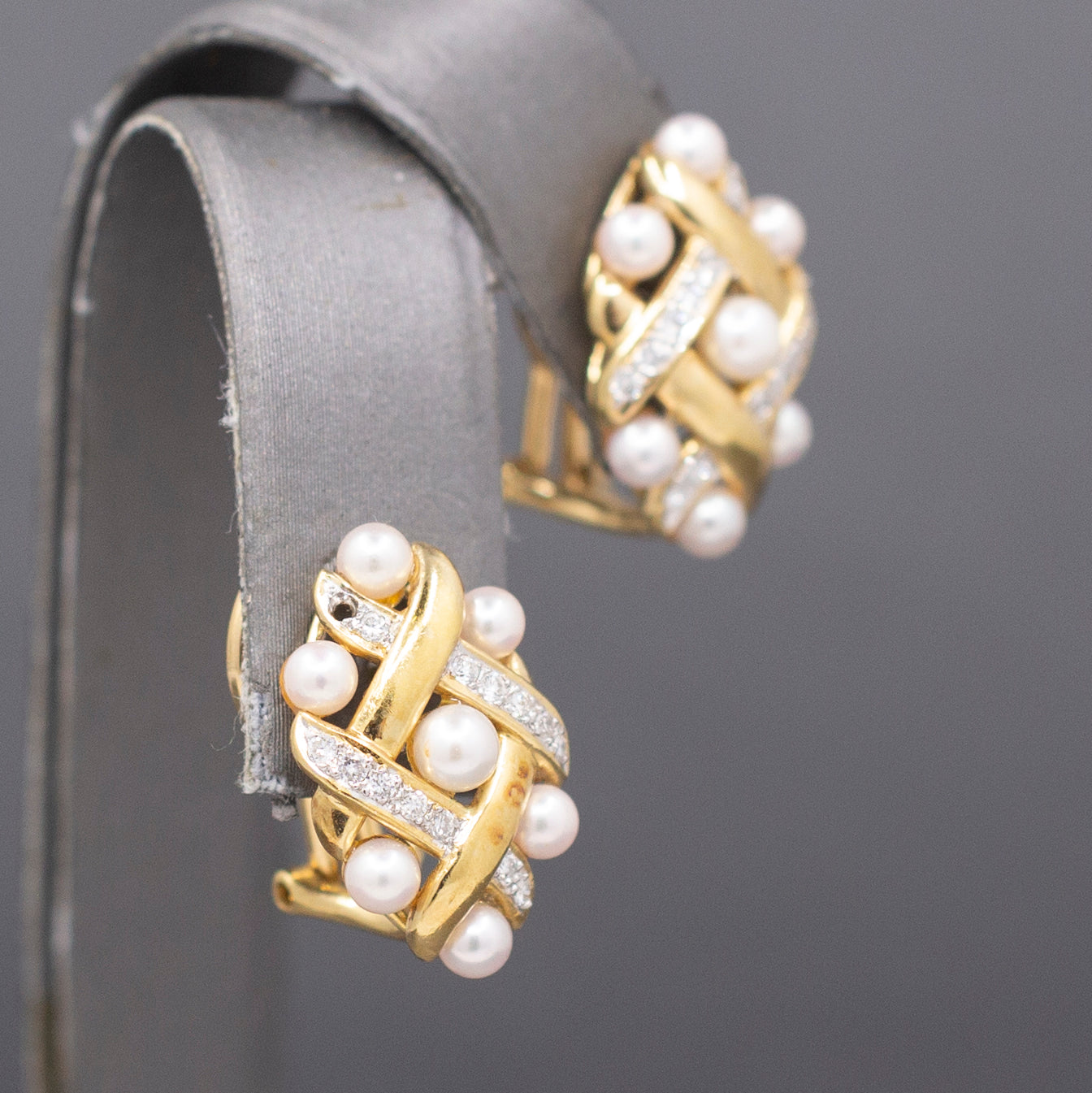 Ornate Pearl and Diamond Woven Earrings with Omega Back Clasps in 14k Yellow Gold