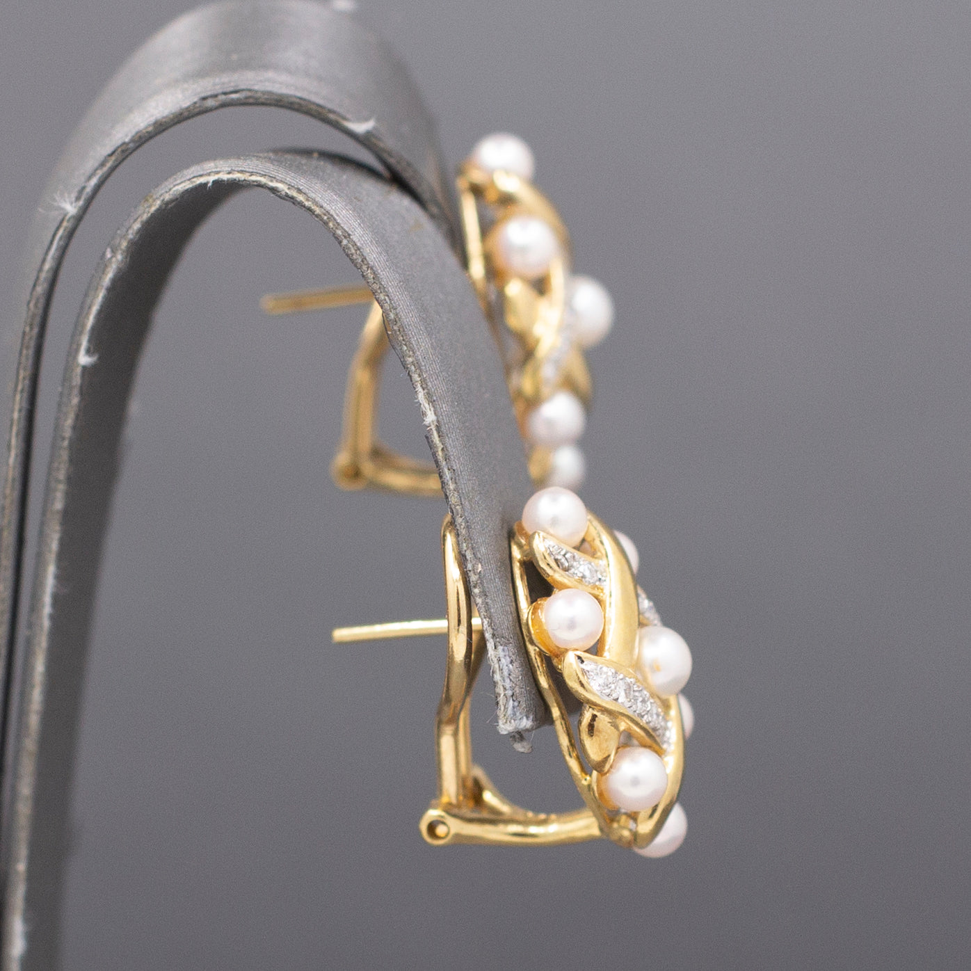Ornate Pearl and Diamond Woven Earrings with Omega Back Clasps in 14k Yellow Gold