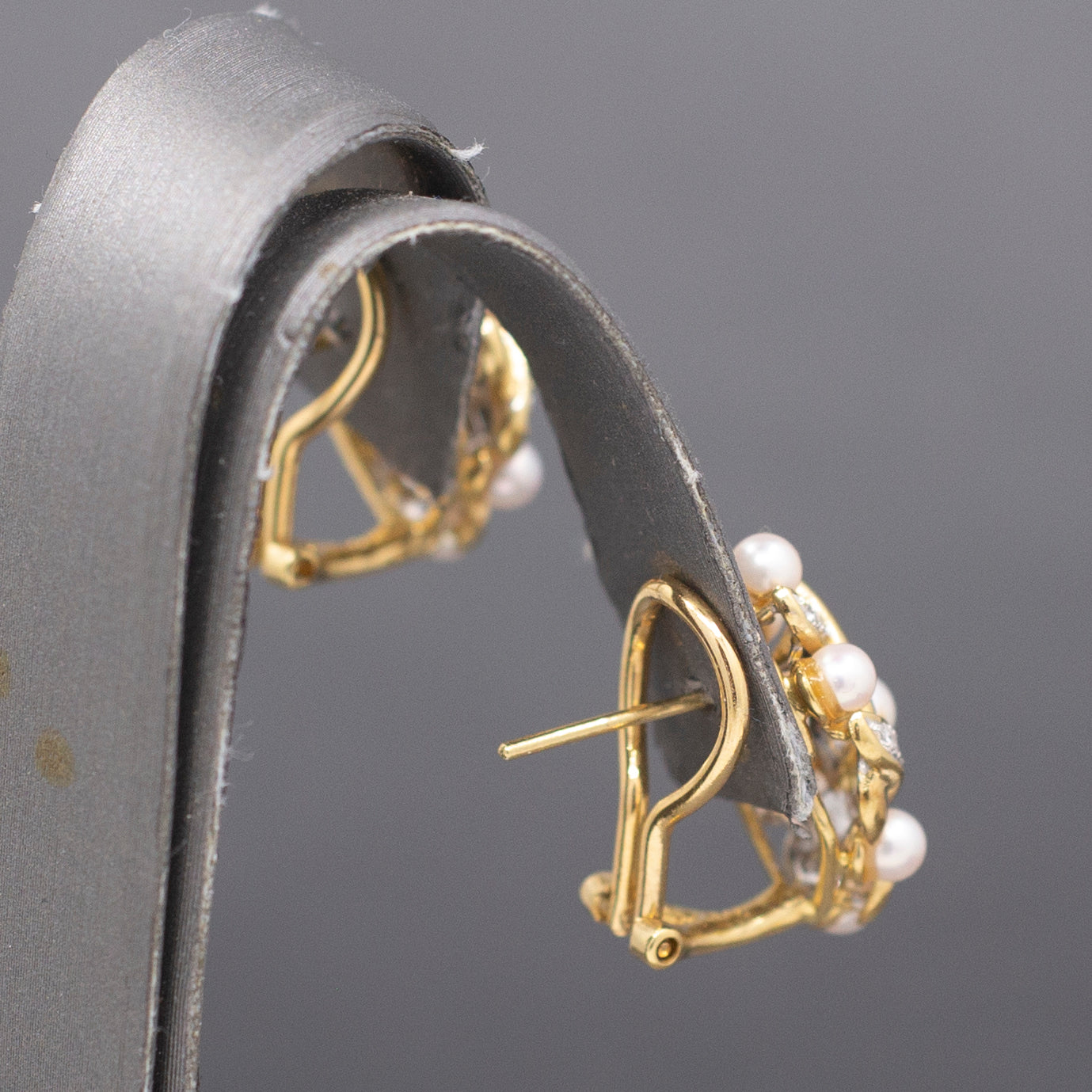 Ornate Pearl and Diamond Woven Earrings with Omega Back Clasps in 14k Yellow Gold
