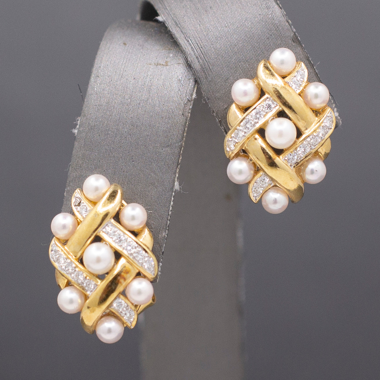 Ornate Pearl and Diamond Woven Earrings with Omega Back Clasps in 14k Yellow Gold