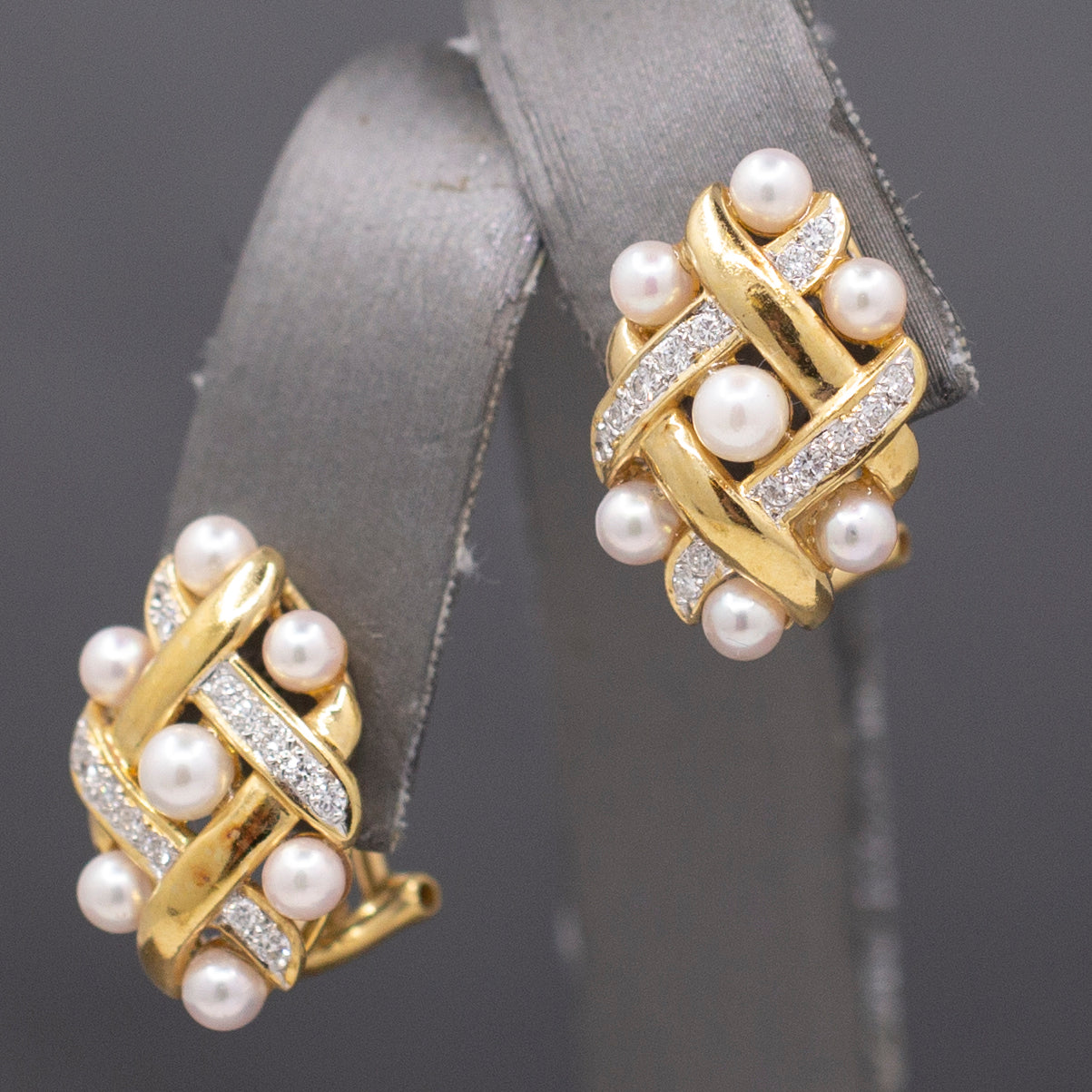 Ornate Pearl and Diamond Woven Earrings with Omega Back Clasps in 14k Yellow Gold