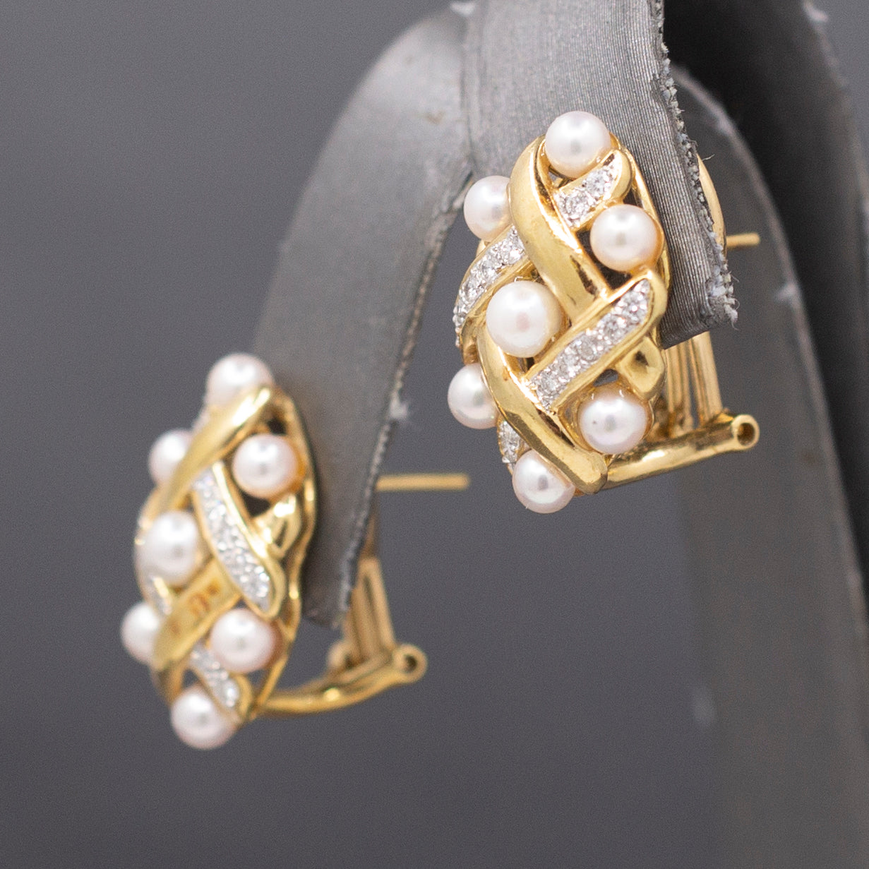 Ornate Pearl and Diamond Woven Earrings with Omega Back Clasps in 14k Yellow Gold