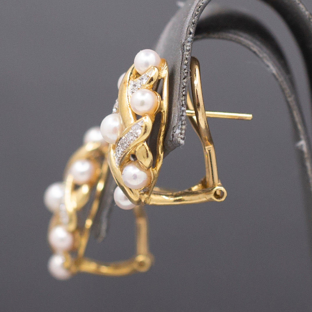Ornate Pearl and Diamond Woven Earrings with Omega Back Clasps in 14k Yellow Gold