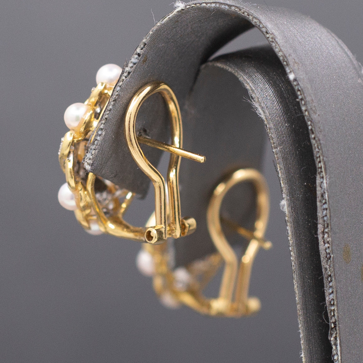 Ornate Pearl and Diamond Woven Earrings with Omega Back Clasps in 14k Yellow Gold
