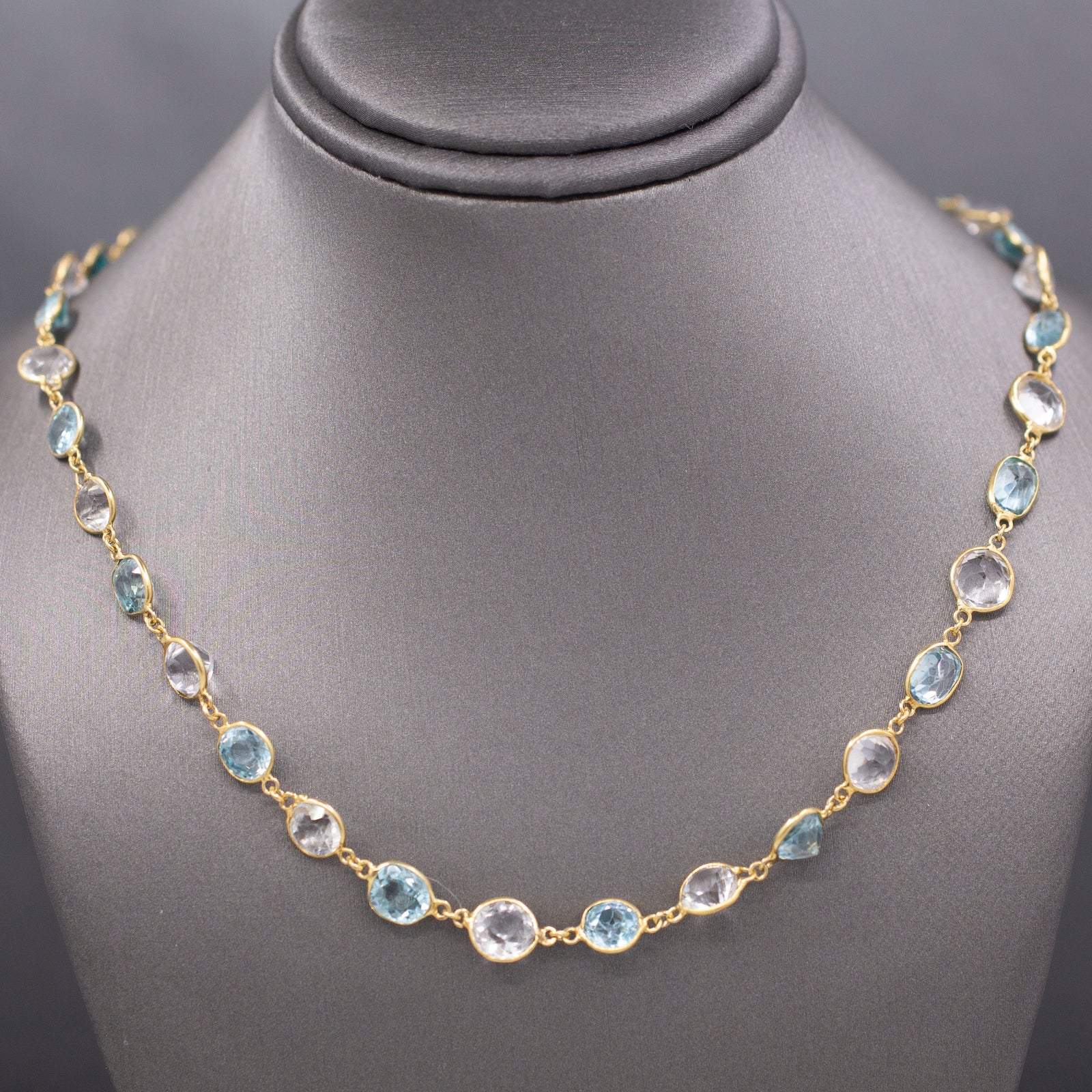 Vintage Sparkling Blue and White Zircon Necklace in 14k Yellow Gold
