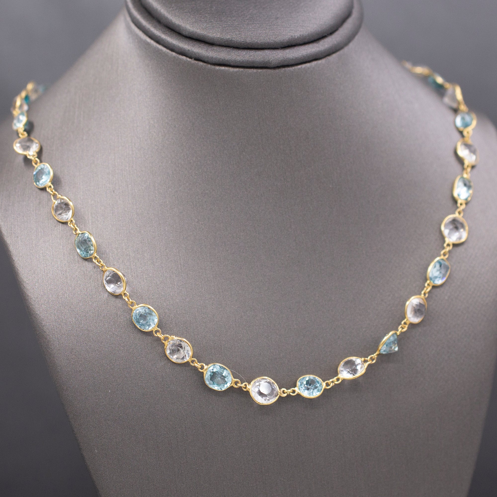 Vintage Sparkling Blue and White Zircon Necklace in 14k Yellow Gold