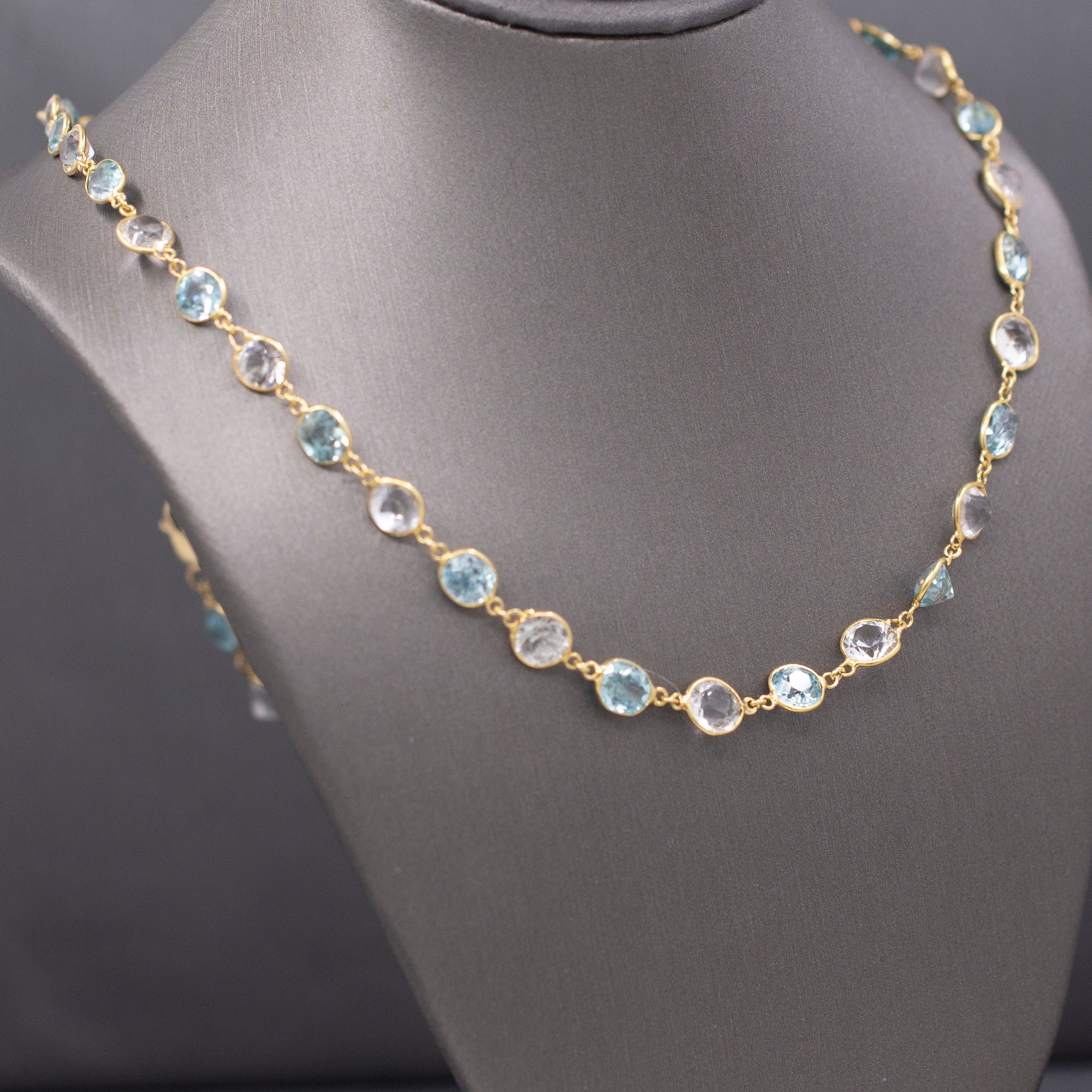 Vintage Sparkling Blue and White Zircon Necklace in 14k Yellow Gold