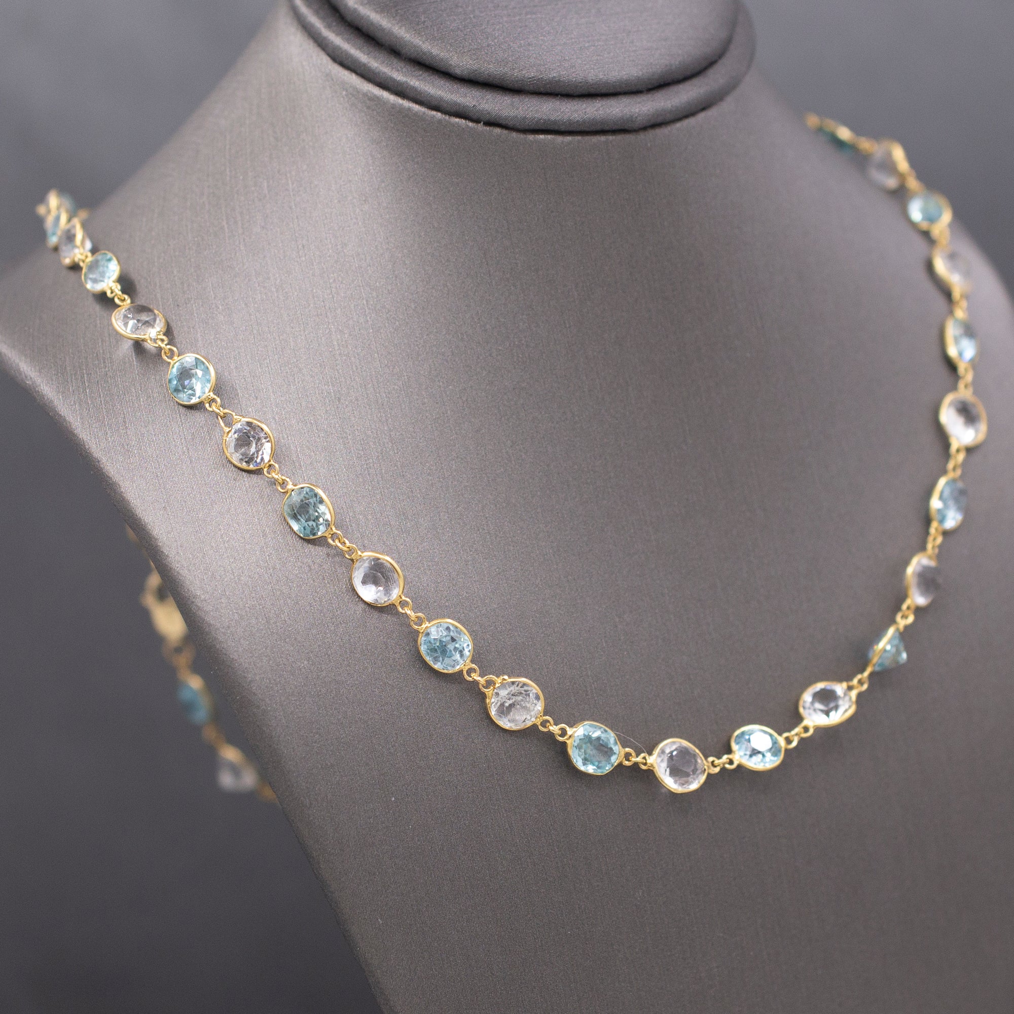 Vintage Sparkling Blue and White Zircon Necklace in 14k Yellow Gold