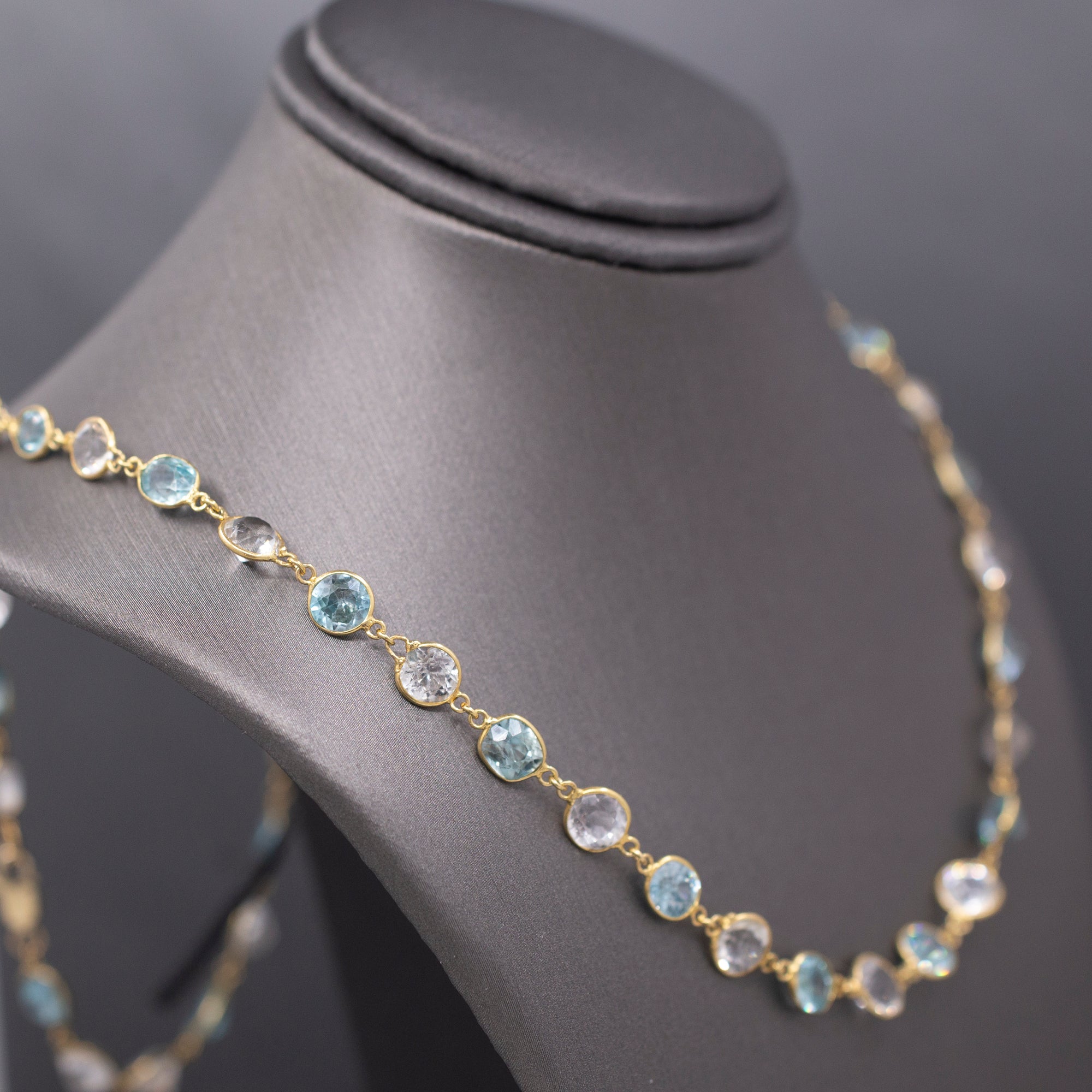 Vintage Sparkling Blue and White Zircon Necklace in 14k Yellow Gold