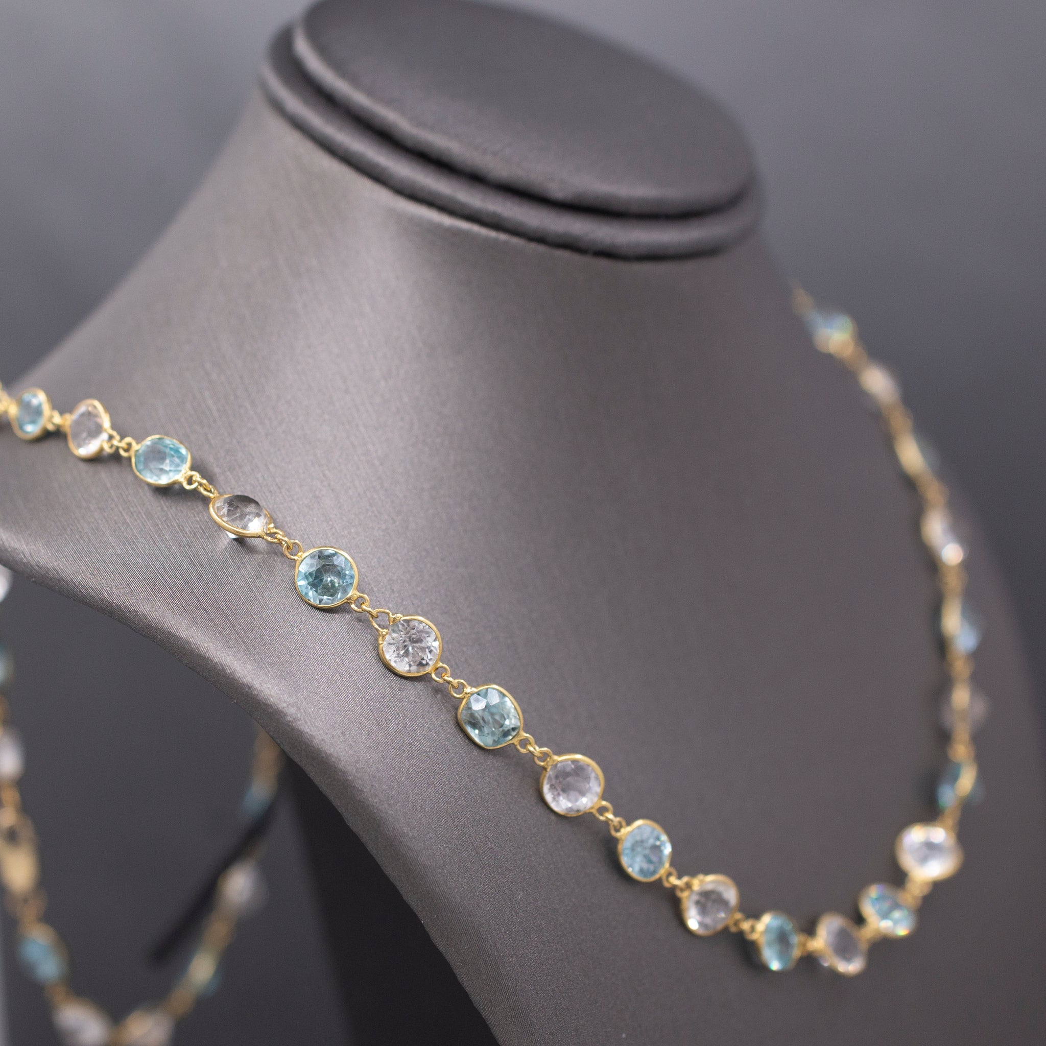 Vintage Sparkling Blue and White Zircon Necklace in 14k Yellow Gold