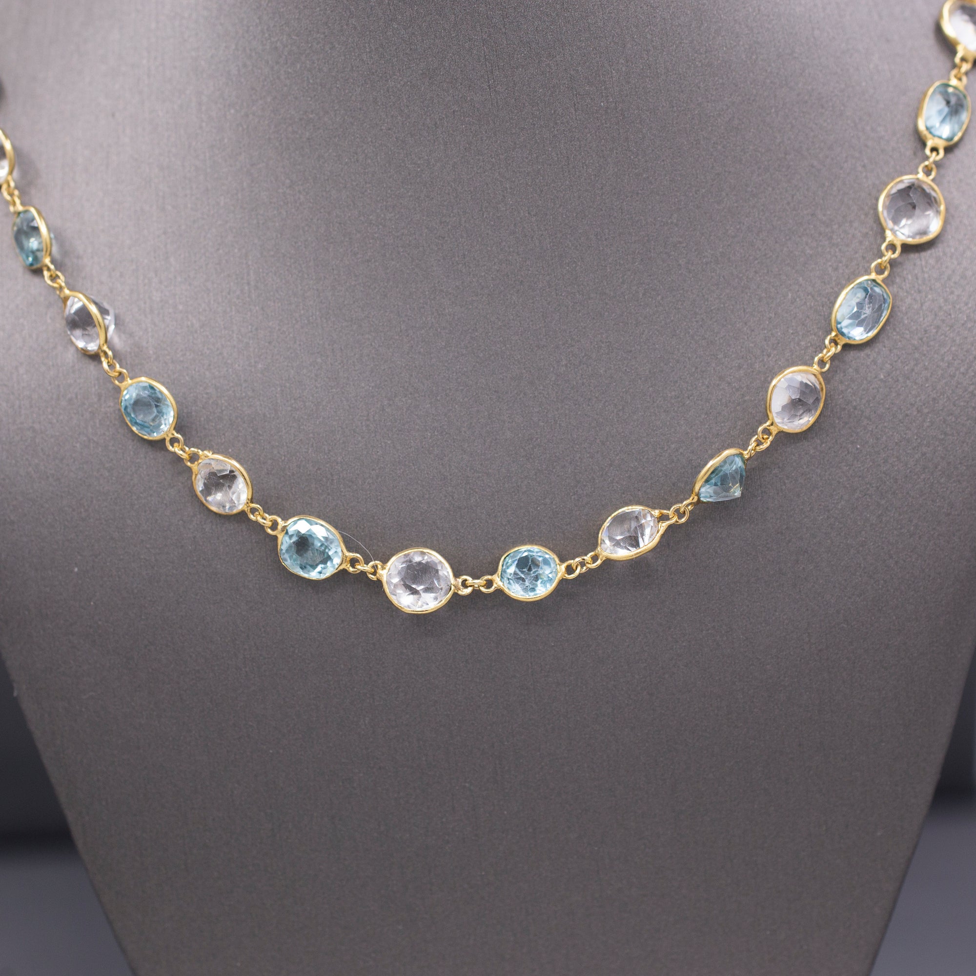 Vintage Sparkling Blue and White Zircon Necklace in 14k Yellow Gold